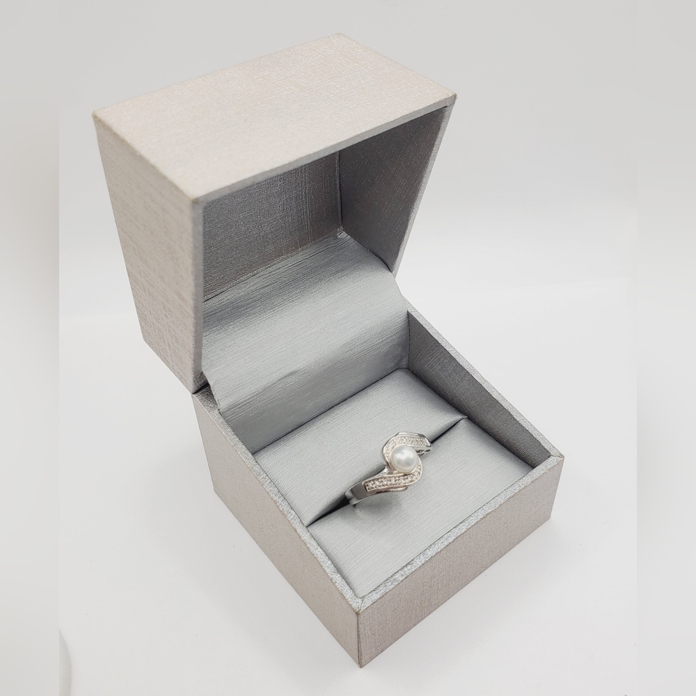 Cultured White Pearl & Diamond Simulants 925 Sterling Silver Bypass Ring - Picture 7 of 8